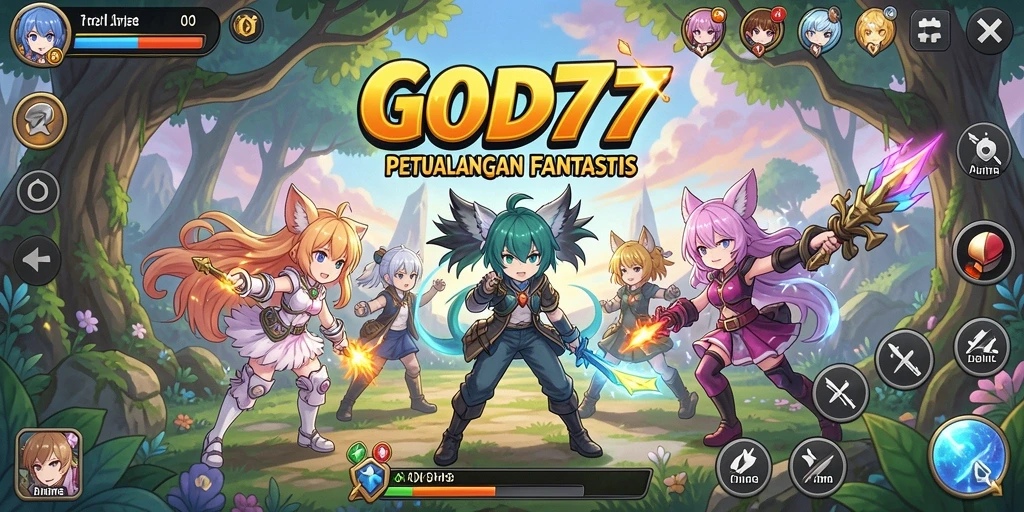 Tampilan gameplay seru dari GOD77 yang penuh warna dan karakter Anime.
