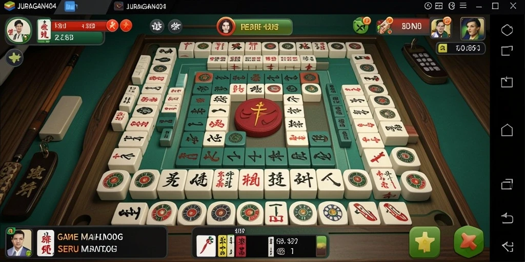 Gameplay seru JURAGAN404 dengan ubin Mahjong berwarna-warni.