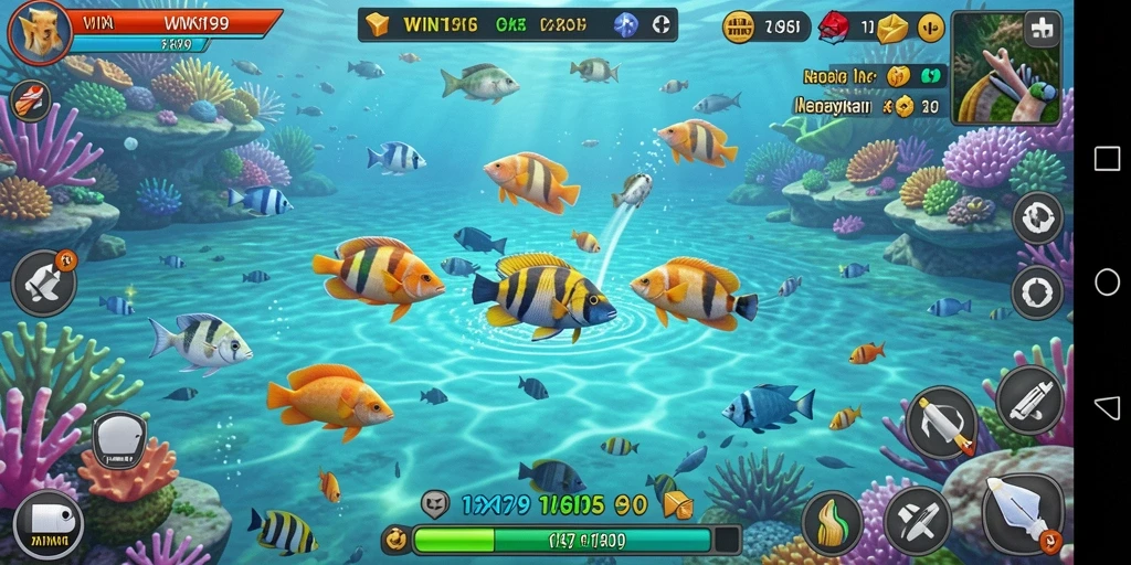 Tampilan gameplay WIN199 yang seru dengan banyak ikan di lautan.
