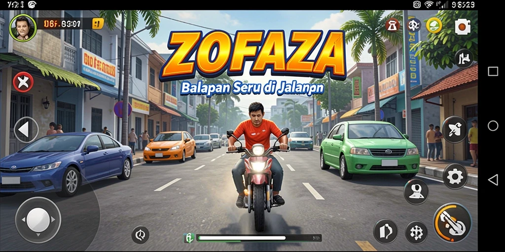 Tampilan gameplay ZOFAZA yang menampilkan balapan seru di jalanan.